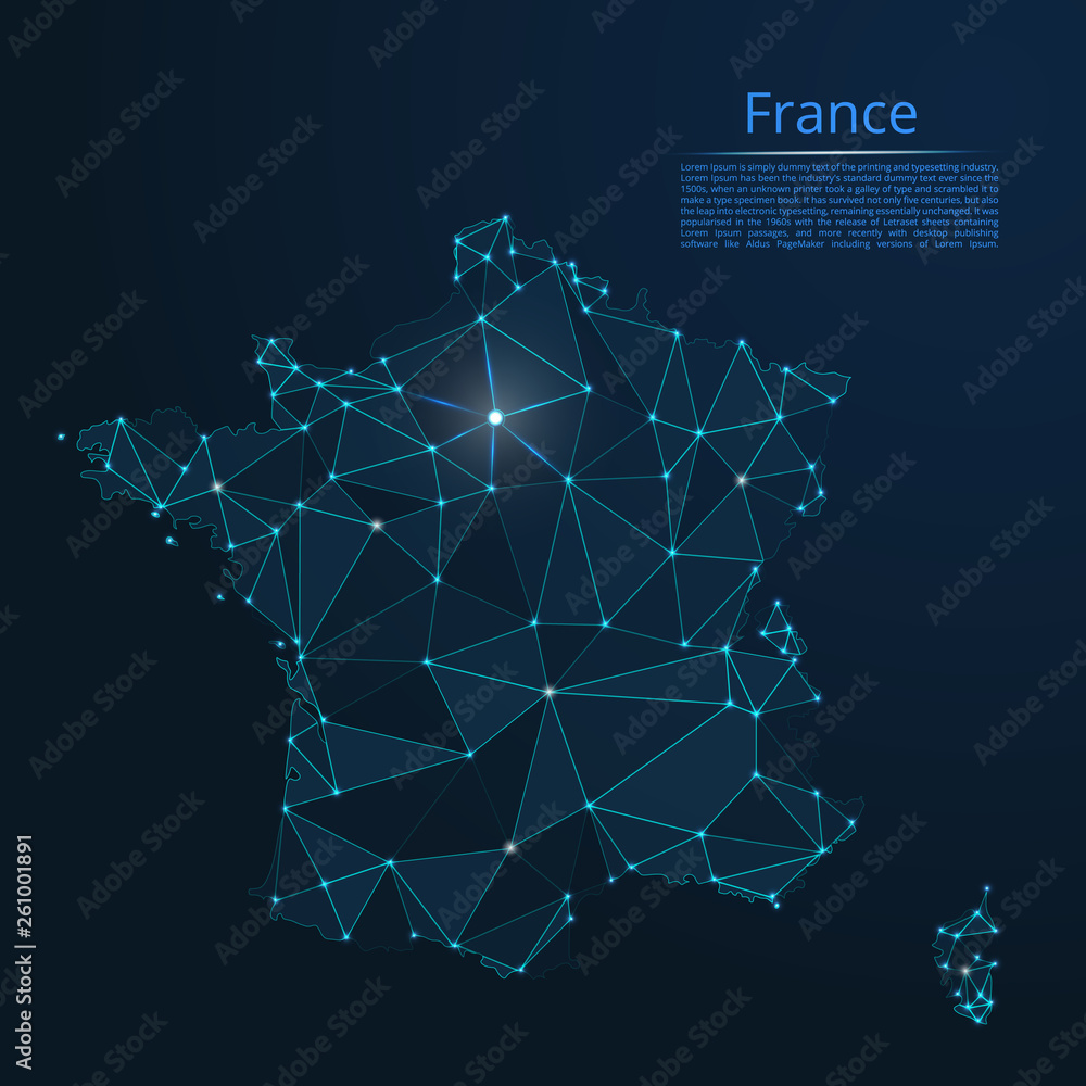 Poster france communication network map. vector low poly image of a global map with lights in the form of c