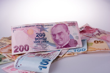 Turksh Lira banknotes of various color, pattern and value
