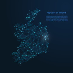 Republic of Ireland communication network map. Vector low poly image of a global map with lights in the form of cities or population density consisting of points and shapes in the form of stars.
