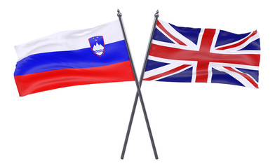 Slovenia and UK, two crossed flags isolated on white background. 3d image