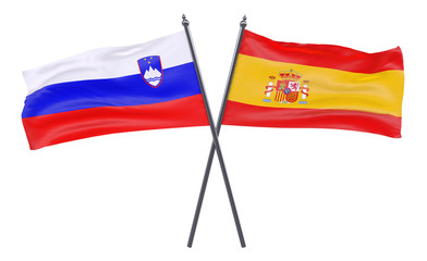 Slovenia and Spain, two crossed flags isolated on white background. 3d image