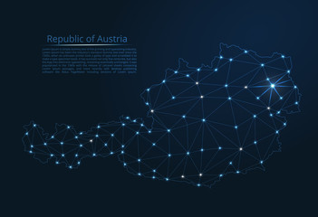 The map of the network of the Austria. Vector low-poly image of a global map with lights in the form of a population density of cities consisting of shapes in the form of stars