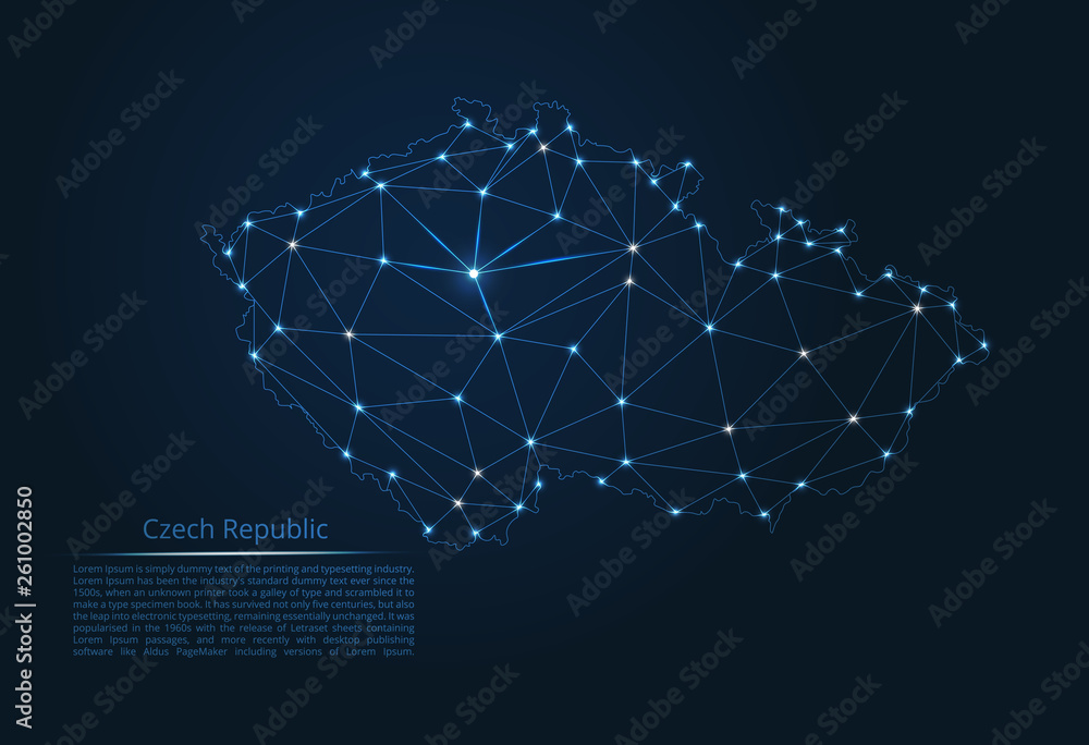Poster the map of the network of the czech republic. vector low-poly image of a global map with lights in t