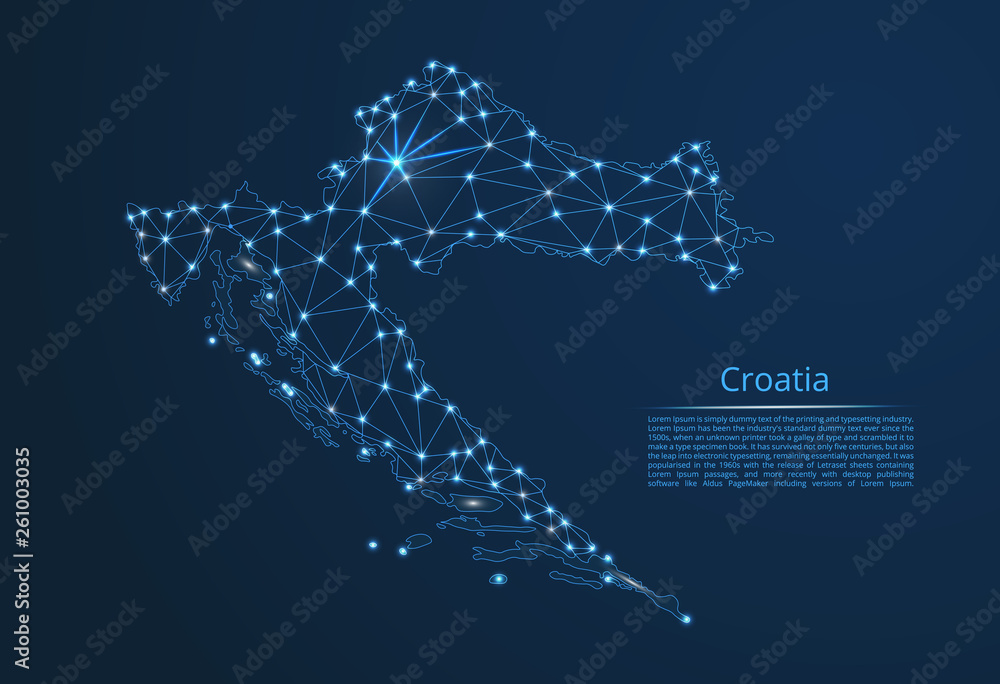 Poster croatia communication network map. vector low poly image of a global map with lights in the form of 