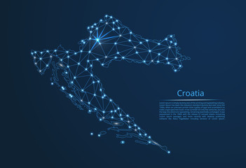 Croatia communication network map. Vector low poly image of a global map with lights in the form of cities in or population density consisting of points and shapes in the form of stars and space.