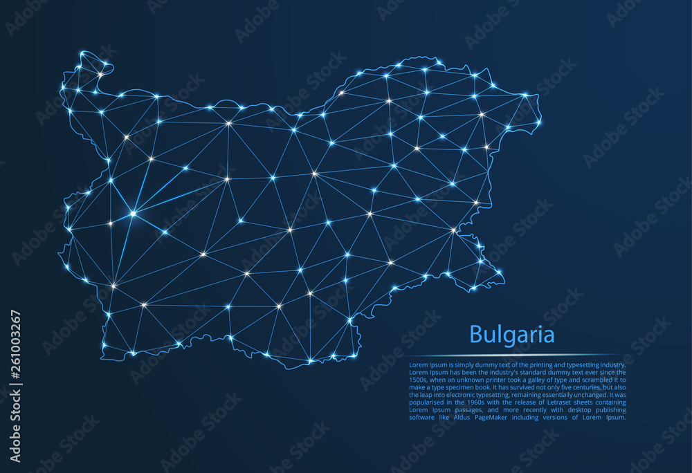 Aufkleber bulgaria communication network map. vector low poly image of a global map with lights in the form of