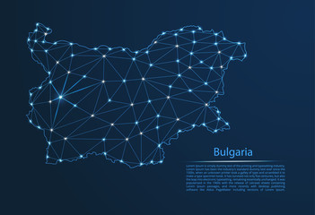 Bulgaria communication network map. Vector low poly image of a global map with lights in the form of cities in or population density consisting of points and shapes in the form of stars and space.