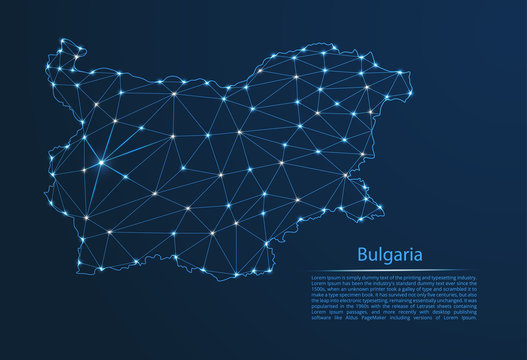 Bulgaria communication network map. Vector low poly image of a global map with lights in the form of cities in or population density consisting of points and shapes in the form of stars and space.