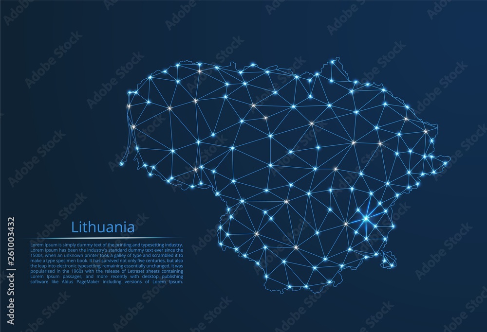 Poster lithuania communication network map. vector low poly image of a global map with lights in the form o