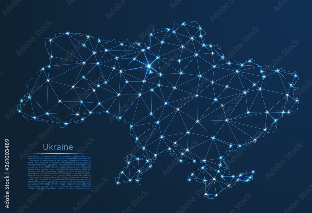 Aufkleber ukraine communication network map. vector low poly image of a global map with lights in the form of 