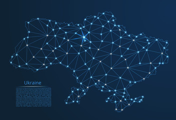 Ukraine communication network map. Vector low poly image of a global map with lights in the form of cities in or population density consisting of points and shapes in the form of stars and space.