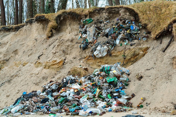 Garbage left by man in the forest. Plastic waste in nature. Glass bottles waste.