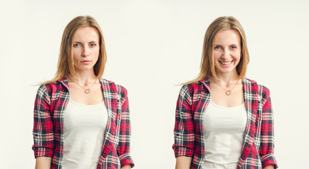 Two emotionally opposite female portraits. First face sad and serious. Second portrait is joyful and cheerful. Woman standing on light background.