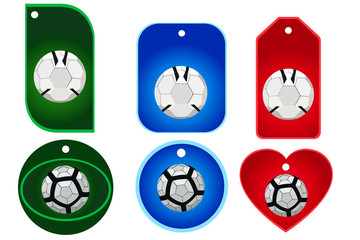Set of soccer balls, six icons, green, red and blue colors