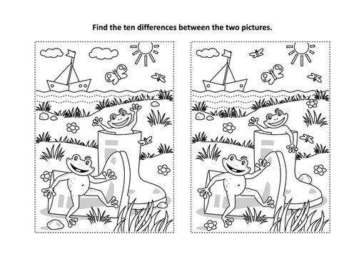 Summer joy themed find the ten differences picture puzzle and coloring page with gumboots and happy playful frogs.