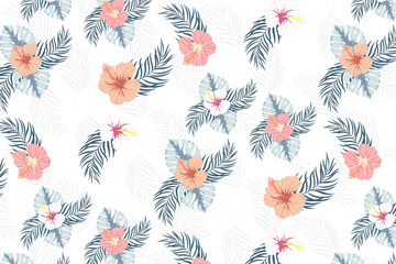 Tropical hibiscus White Background Seamless Pattern
