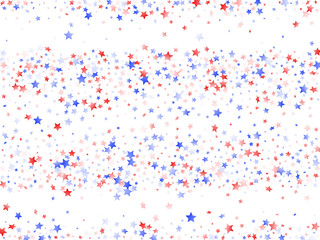 Flying red blue white star sparkles on white vector american patriotic background.