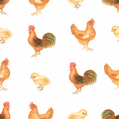 Beautiful watercolor vintage seamless pattern with farm animals.Chicken, hen and rooster farm birds.Hand drawn background.