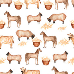 Watercolor farm  seamless pattern. Hand drawn objects:sheep,horse,wheet,busket,cow. Hand drawn background. Farm animal  life.