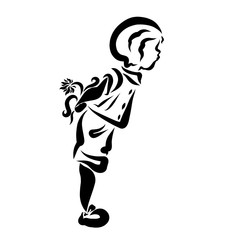 The boy is hiding a flower behind his back, a surprise