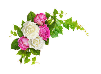 Rose flowers with ivy green leaves in a corner arrangement