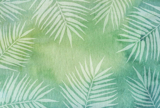 Watercolor green background with white palm leaves.