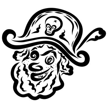 laughing pirate in a hat with a feather and a skull