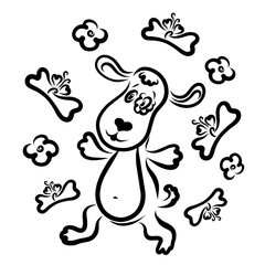 Happy puppy dreaming of gifts, bones and flowers