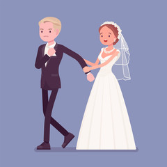 Angry groom leaving bride on wedding ceremony. Unhappy man going away from future wife, changing his mind, refusing to marry her on traditional celebration, break off engagement. Vector illustration