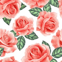 Seamless pattern with flowers and leaves. Delicate floral background with roses