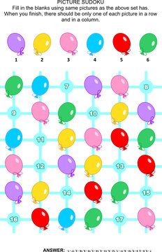 Picture sudoku puzzle 6x6 (one block) with colorful balloons. Answer included.