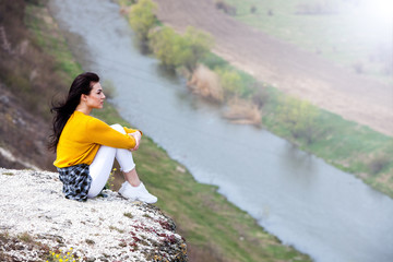 Travel Tourist Happy Woman. Travel and wanderlust concept Amazing atmospheric moment. happy woman traveling. Attractive woman relaxing ioutdoor 