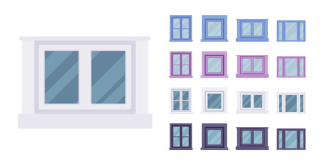 Window for building fitted with glass in a frame. Small rectangle facade elements. Home and office design for residential project. Vector flat style cartoon illustration isolated on white background