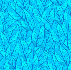 Abstract seamless vector pattern of leaves.  Winter theme. Dark and light blue colors. Isolated