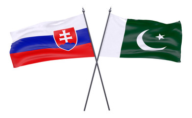 Slovakia and Pakistan, two crossed flags isolated on white background. 3d image