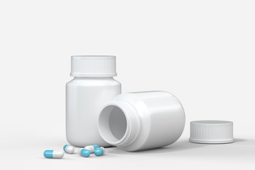 3d rendering, white medicine bottle with capsules