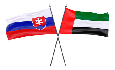 Slovakia and United Arab Emirates, two crossed flags isolated on white background. 3d image