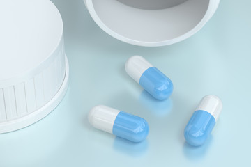 3d rendering, white medicine bottle with capsules