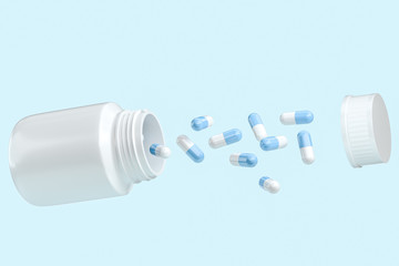 3d rendering, white medicine bottle with capsules