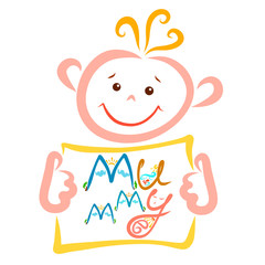 cute cheerful child holding a sheet with the creative word mummy, mom and life