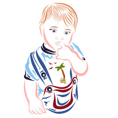 charming child in fashionable clothes holds a finger in his mouth