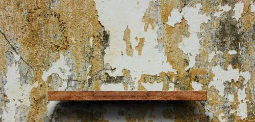 Wood shelf on brick wall. Polished cement floor. texture background. furniture.photo