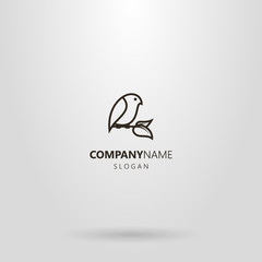 black and white simple vector line art logo of a bird sitting on a branch with two leaves
