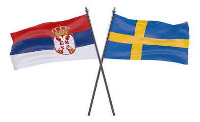 Serbia and Sweden, two crossed flags isolated on white background. 3d image