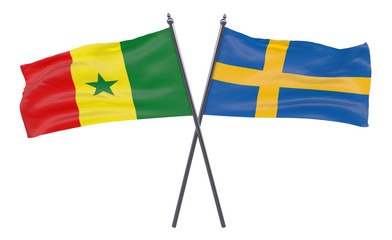 Senegal and Sweden, two crossed flags isolated on white background. 3d image