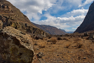 Lifeless spring in the Altai mountains. Russia. Mountain Altai. The valley of the Chulyshman river flows into Teletskoye lake.