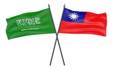 Saudi Arabia and Taiwan, two crossed flags isolated on white background. 3d image