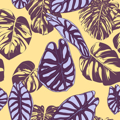 Fototapeta na wymiar Seamless Vector Tropical Pattern. Monstera Palm Leaves and Alocasia. Jungle Foliage with Watercolor Effect. Exotic Hawaiian Textile Design. Seamless Tropical Background for Fabric, Dress, Paper, Print