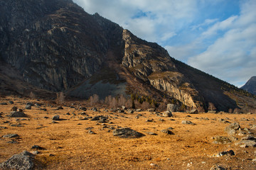 Lifeless spring in the Altai mountains. Russia. Mountain Altai. The valley of the Chulyshman river flows into Teletskoye lake.