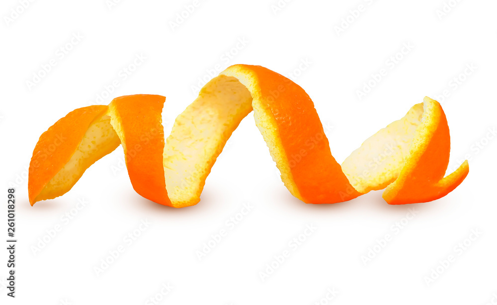 Wall mural spiral peeled fresh orange peel isolated on white background